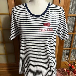 EATALY Womens Striped White Blue Knit Crew Neck Short Sleeve Graphic Top Sz M